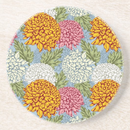 Dessous De Verre En Grès Excellent motif avec des chrysanthèmes (Devant)