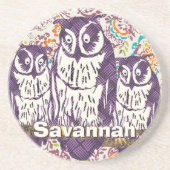 Dessous De Verre En Grès Famille de hibou géométrique stylisée violet (Devant)