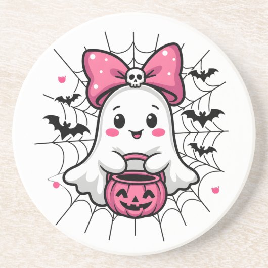 Dessous De Verre En Grès Fantôme éffrayant avec Pink Bow Sensibilisation au (Devant)