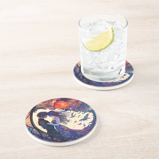 Dessous de verre en grès faux vitrail de couple (Côté)