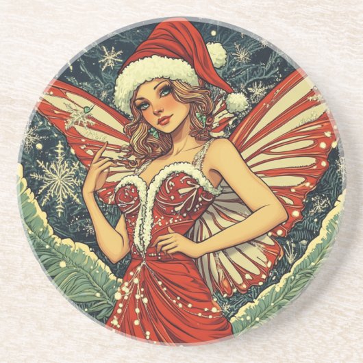 Dessous De Verre En Grès Fée de Noël rétro (Devant)