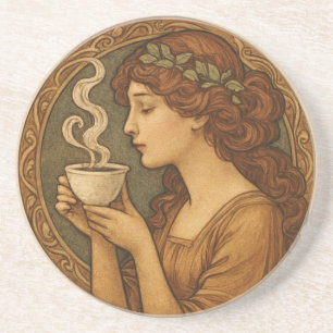 Dessous De Verre En Grès Femme Art Nouveau Avec Café