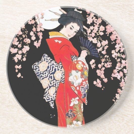 Dessous De Verre En Grès Femme asiatique avec la nuit de fleurs de cerisier (Devant)