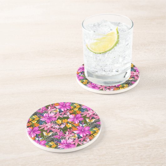 Dessous De Verre En Grès Feuille et fleurs tropicaux (Côté)