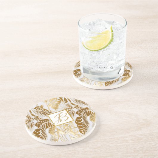 Dessous De Verre En Grès Feuille Monstera Monogramme De Luxe Chic (Côté)