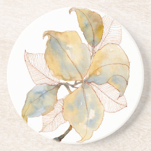 Dessous De Verre En Grès Feuilles botaniques aquarelles bleu or mat