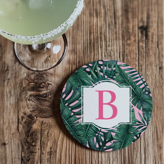 Dessous De Verre En Grès Feuilles de palmier vert tropical Monogramme rose