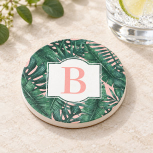 Dessous De Verre En Grès Feuilles de palmier vertes tropicales Monogramme d
