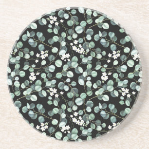 Dessous De Verre En Grès Feuilles d'Eucalyptus : Motif de fleurs blanches