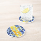 Dessous De Verre En Grès Feuilles jaune et bleu (Côté)