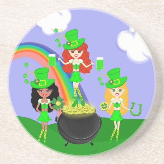 Dessous De Verre En Grès Fille Leprechauns Arc en ciel et Pot d'or (Devant)