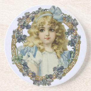 Dessous De Verre En Grès Fille Vintage avec de Belles Fleurs et un Nœud