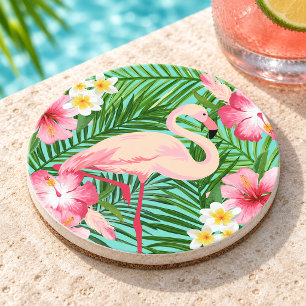 Dessous De Verre En Grès Flamant Rose Tropical Floral Feuilles de Palmier É