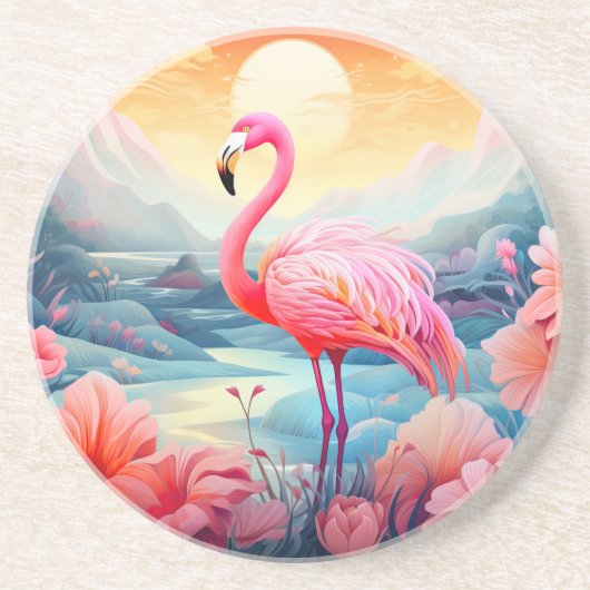 Dessous De Verre En Grès Flamant Tropical avec Fleurs (Devant)