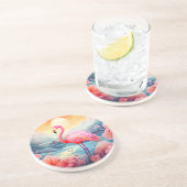 Dessous De Verre En Grès Flamant Tropical avec Fleurs (Côté)