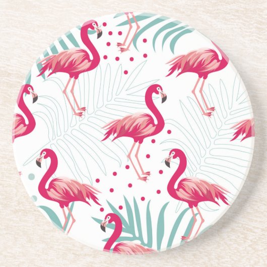 Dessous De Verre En Grès Flamingo tropical et feuille, motif d'été. (Devant)