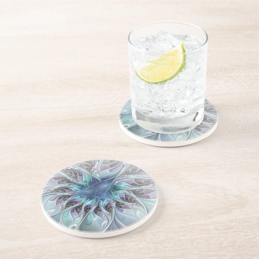Dessous De Verre En Grès Fleur Abstraite Fractale Moderne Avec Bleu (Côté)