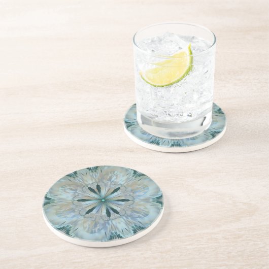 Dessous De Verre En Grès Fleur Abstraite Fractée Turquoise Blanc Bleu Gris (Côté)