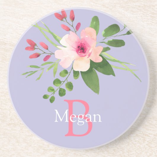 Dessous De Verre En Grès Fleur aquarelle, nom et monogramme sur lavande (Devant)