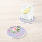 Dessous De Verre En Grès Fleur aquarelle, nom et monogramme sur lavande (Côté)