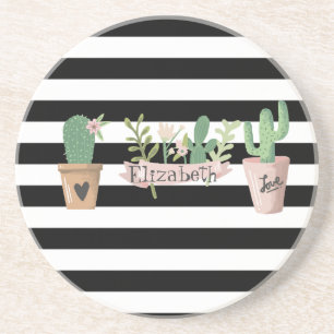 Dessous De Verre En Grès Fleur de cactus rayures noir et blanc