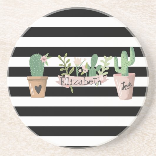 Dessous De Verre En Grès Fleur de cactus rayures noir et blanc (Devant)