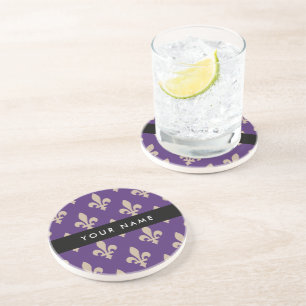 Dessous De Verre En Grès Fleur de Lis, Beige sur Violet, Royal, Votre Nom