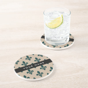 Dessous De Verre En Grès Fleur de Lis, Vert sur Beige, Royal, Votre Nom