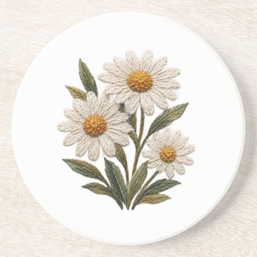 Dessous De Verre En Grès Fleur de marguerite brodée (Devant)