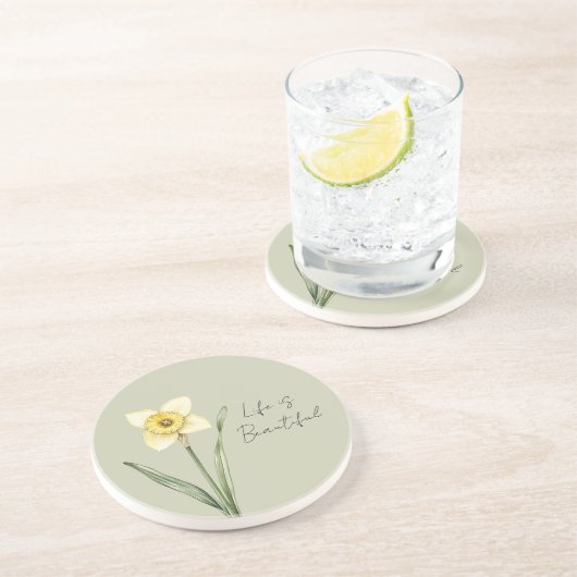 Dessous De Verre En Grès Fleur de narcisse jaune blanc vert (Côté)