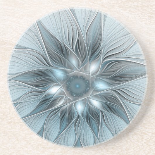 Dessous De Verre En Grès Fleur joyeuse abstraite florale fractale bleue gri (Devant)