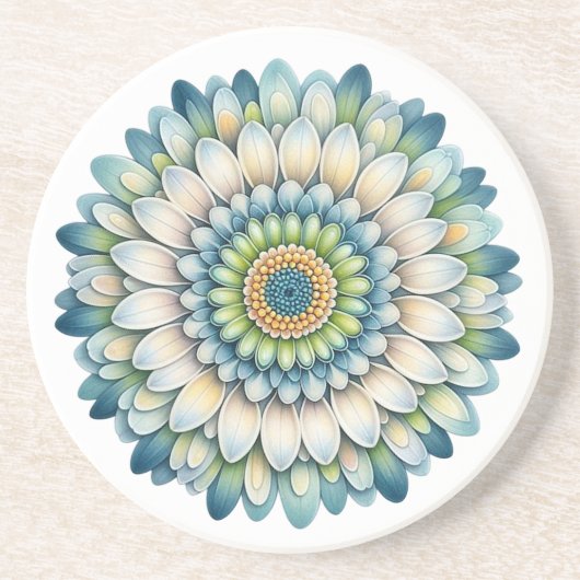 Dessous De Verre En Grès Fleur mod - Bleu, Sage et Jaune (Devant)