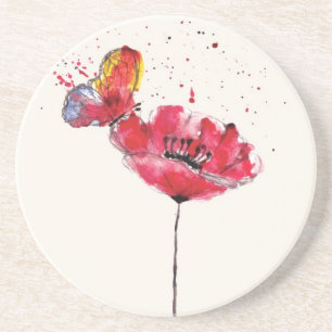 Dessous De Verre En Grès Fleur peinte stylisée de pavot d'aquarelle