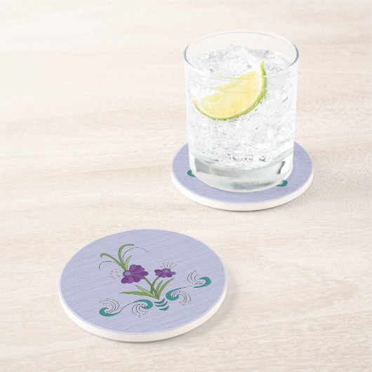 Dessous De Verre En Grès Fleur violette joueuse avec des torsades Turquoise (Côté)