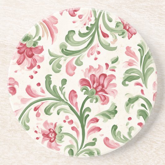 Dessous De Verre En Grès Fleurs Abstraites Crème Rose (Devant)