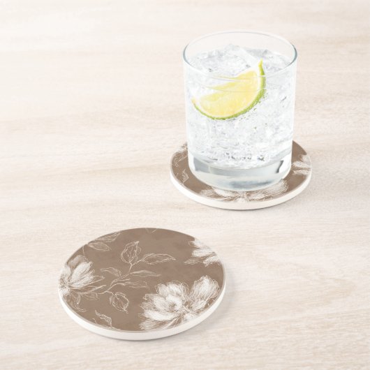Dessous De Verre En Grès Fleurs Abstraites Marron Blanc (Côté)