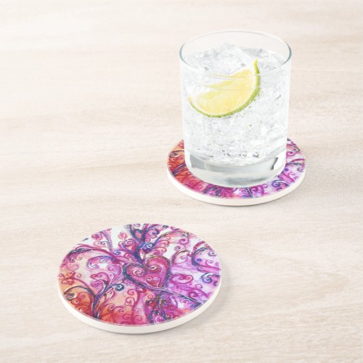 Dessous De Verre En Grès FLEURS BLANCHES COEUR bleu rose vif (Côté)