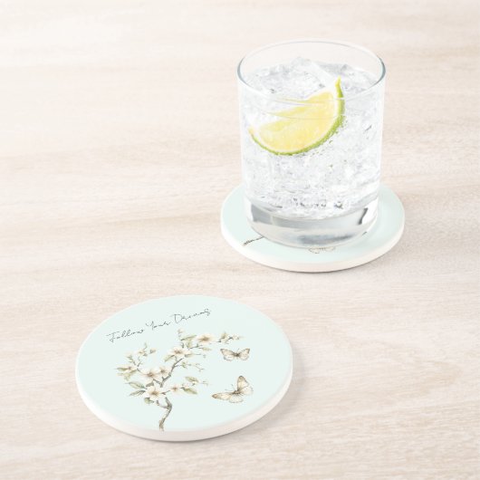 Dessous De Verre En Grès Fleurs blanches de menthe papillons (Côté)