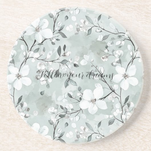 Dessous De Verre En Grès Fleurs blanches gris chic (Devant)