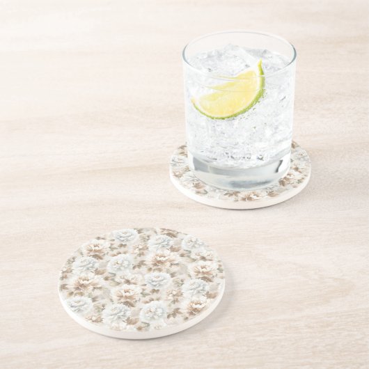 Dessous De Verre En Grès Fleurs Blanches Marron (Côté)