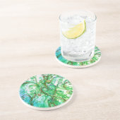 Dessous De Verre En Grès FLEURS BLANCHES vert bleu (Côté)