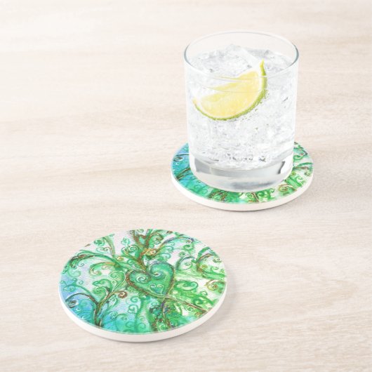 Dessous De Verre En Grès FLEURS BLANCHES vert bleu (Côté)