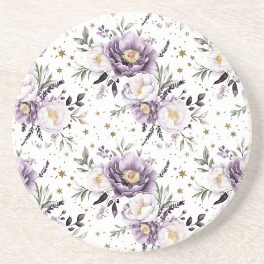 Dessous De Verre En Grès Fleurs blanches violettes Étoiles dorées (Devant)