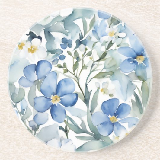 Dessous De Verre En Grès Fleurs Bleues Blanches Aquarelle Chic (Devant)