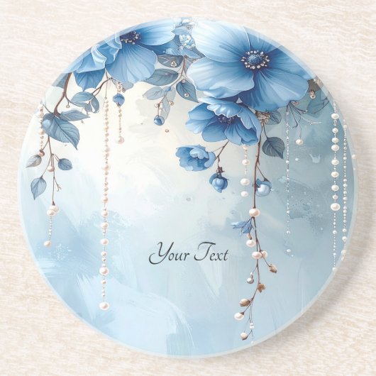 Dessous de verre en grès Fleurs bleues et perles (Devant)
