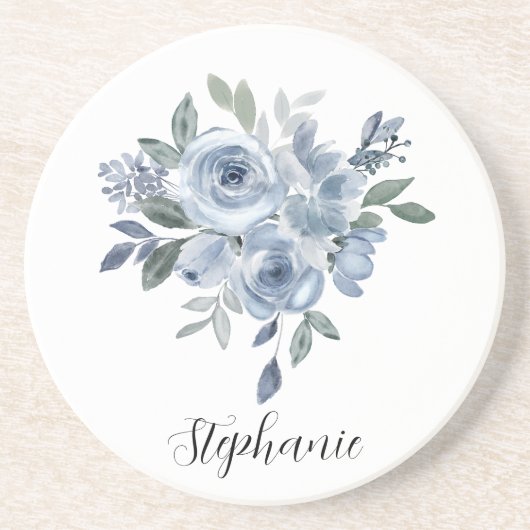 Dessous De Verre En Grès Fleurs bleues et vertes  (Devant)