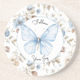 Dessous De Verre En Grès Fleurs bleues romantiques Papillon Feuilles brunes