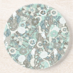 Dessous De Verre En Grès Fleurs Brown bleues Abstraites