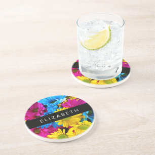 Dessous De Verre En Grès Fleurs colorées, Faisées, Boho, Votre Nom