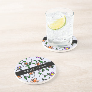 Dessous De Verre En Grès Fleurs Colorées, Fond Bleu, Noir